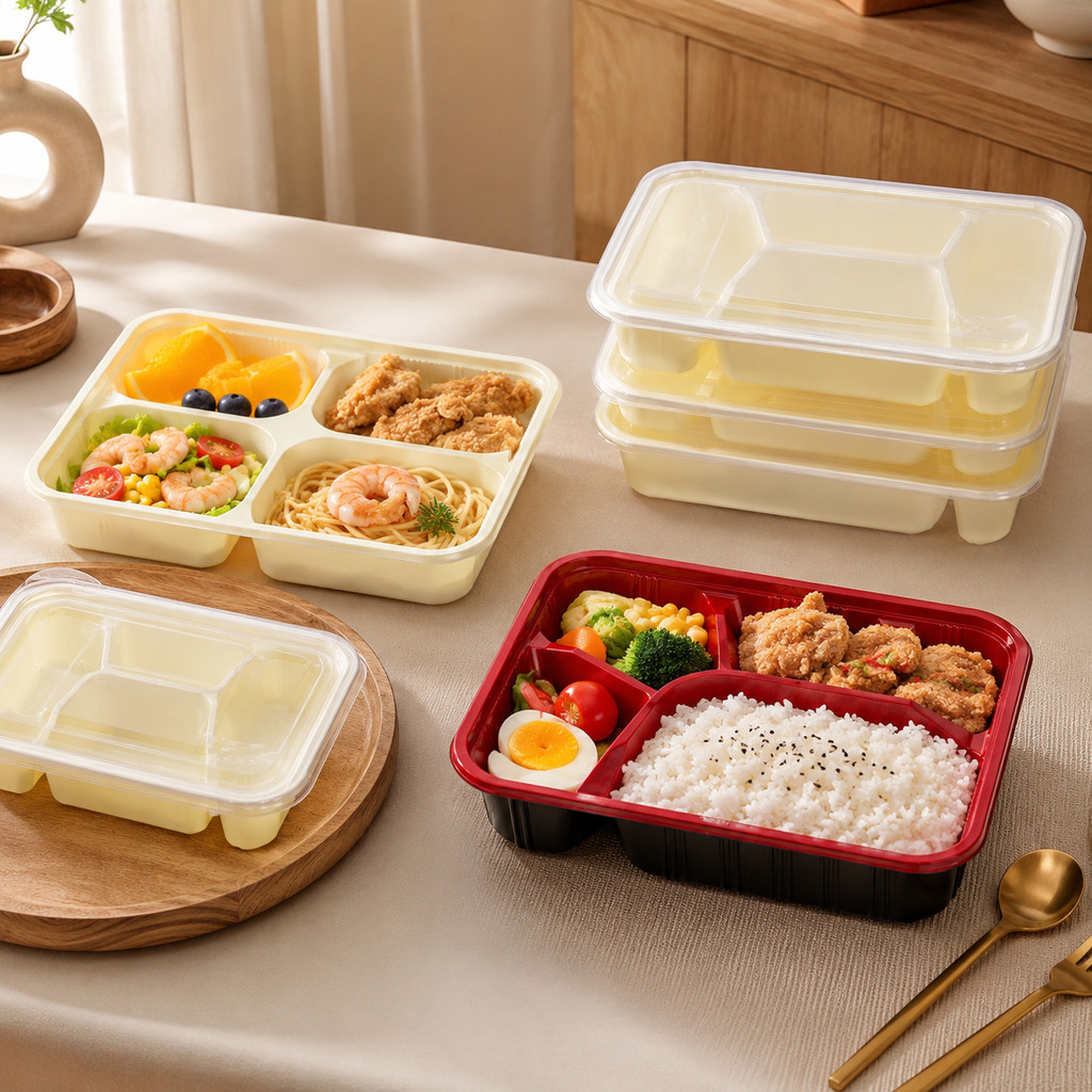 [10ชิ้น] ถาดเบนโตะพร้อมฝา กล่องอาหารพลาสติก ช่องแบ่ง 1-5 ช่อง สำหรับร้านอาหาร เบเกอรี่ ขายส่ง COD
