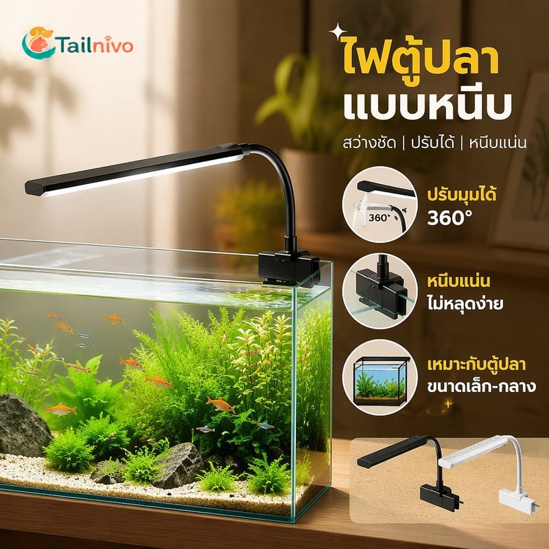 ไฟตู้ปลา LED คลิปโคมไฟ 360 ปรับมุมเปลี่ยนสี Minimal Slim USB Plug