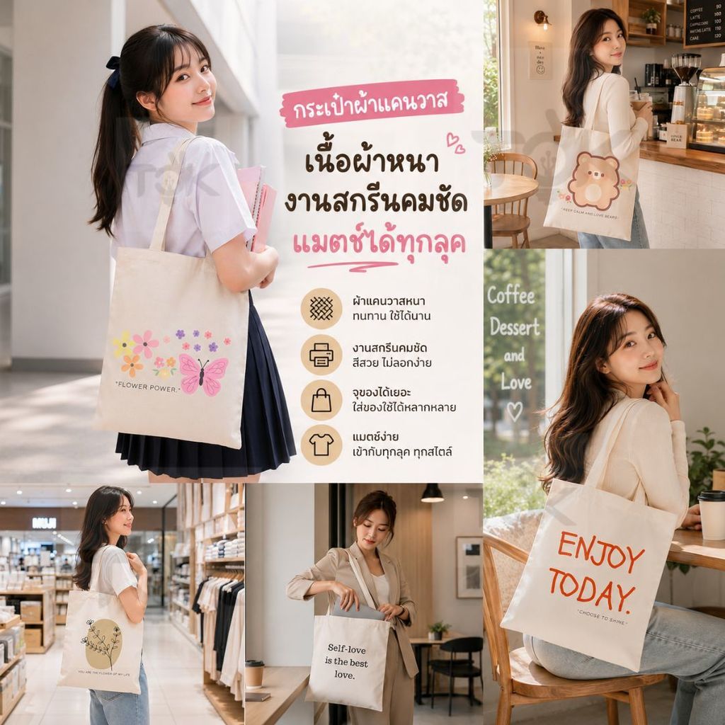 กระเป๋าผ้าแคนวาส Tote Bag ลายมินิมอล จุของได้เยอะ ใส่หนังสือ A4 แท็บเล็ต สะพายไหล่ ใช้เรียน เที่ยวคาเฟ่ ทำงาน