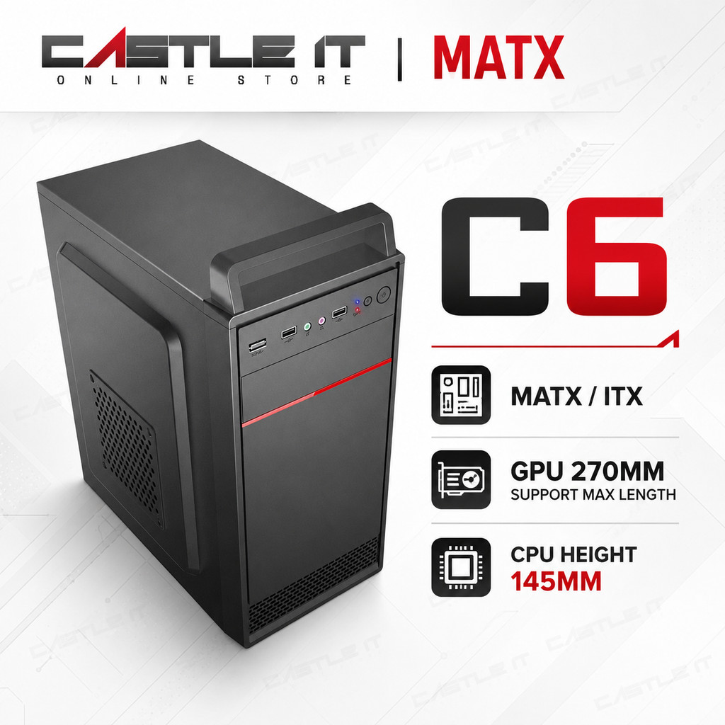 Castle IT C6 M-ATX ITX PC Casing Compact Office Chassis สีดํา