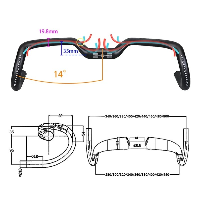 L95Q 2024 ใหม่กรวด 14 องศาคาร์บอน fibre จักรยาน T1000 จักรยาน Handlebar Ultra Light 34 36 38 40 42 4