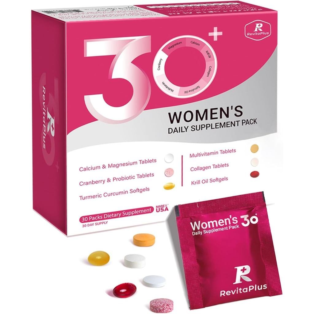 วิตามินรวมผู้หญิง RevitaPlus บรรจุวิตามิน A, B, C, D3, E, K2, Biotin, Collagen, Krill Oil, Cranberry