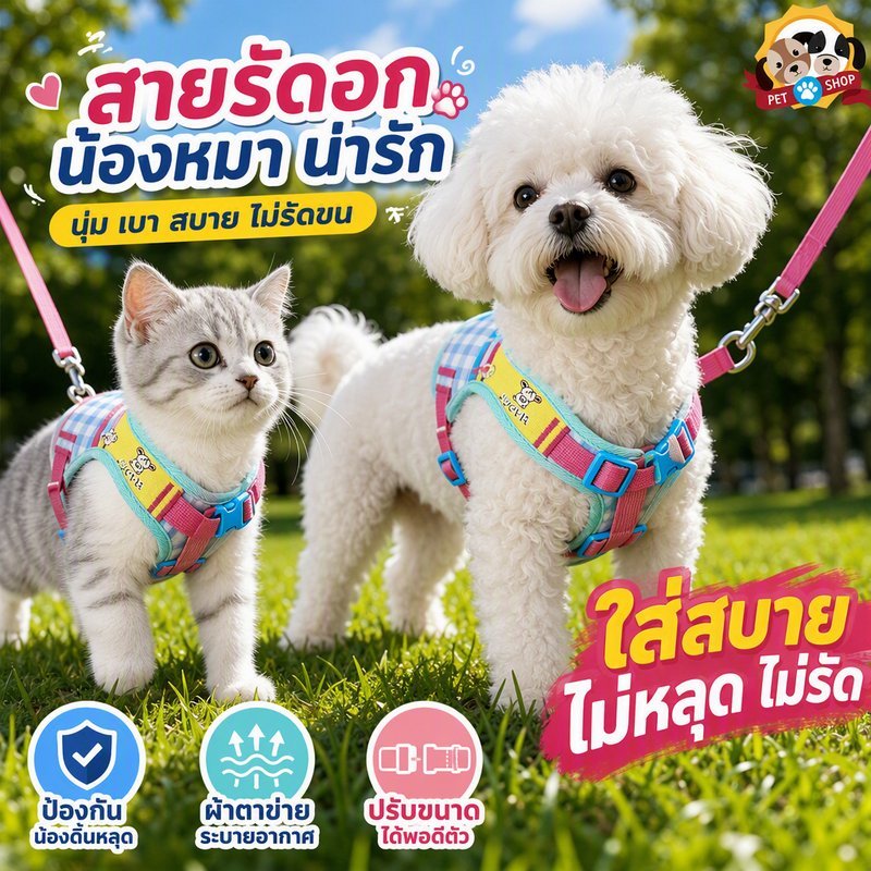 สายรัดอกแมว สุนัข ผ้าตาข่าย ระบายอากาศ ปรับได้ กันหลุด พร้อมสายจูง ดีไซน์น่ารัก ใส่สบาย