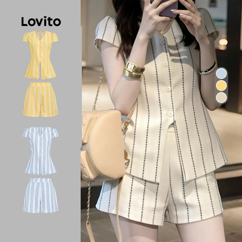 Lovito เสื้อเบลาส์หรือกางเกงสุดสง่างาม กระดุมเรียบง่าย ใส่สบายแต่มีสไตล์ สําหรับฤดูใบไม้ผลิ/ฤดูร้อน เสื้อเบลาส์สีอ่อนกากี สําหรับผู้หญิง L178ED1367