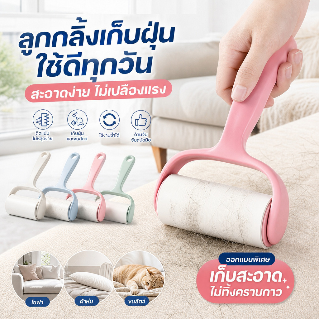โรลเก็บขน ลูกกลิ้งกำจัดขนและฝุ่น เทปลูกกลิ้งทำความสะอาดขน สามารถทำความสะอาดขนสัตว์และฝุ่นบนเสื้อผ้า