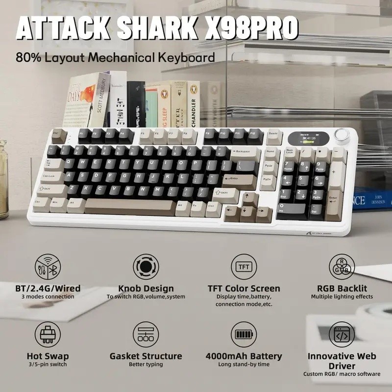 ATTACK SHARK X98 Pro คีย์บอร์ดแบบกลไก 98 คีย์ปะเก็นหน้าจอ TFT RGB Hot Swap