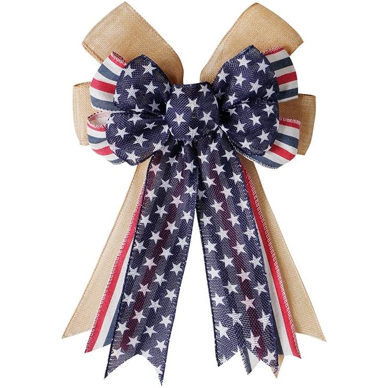 SIMISI RIBBON 4th of July ตกแต่งพวงหรีดรักชาติโบว์สีแดงสีขาวสีฟ้าดาว Burlap Bows สําหรับวันอนุสรณ์, 