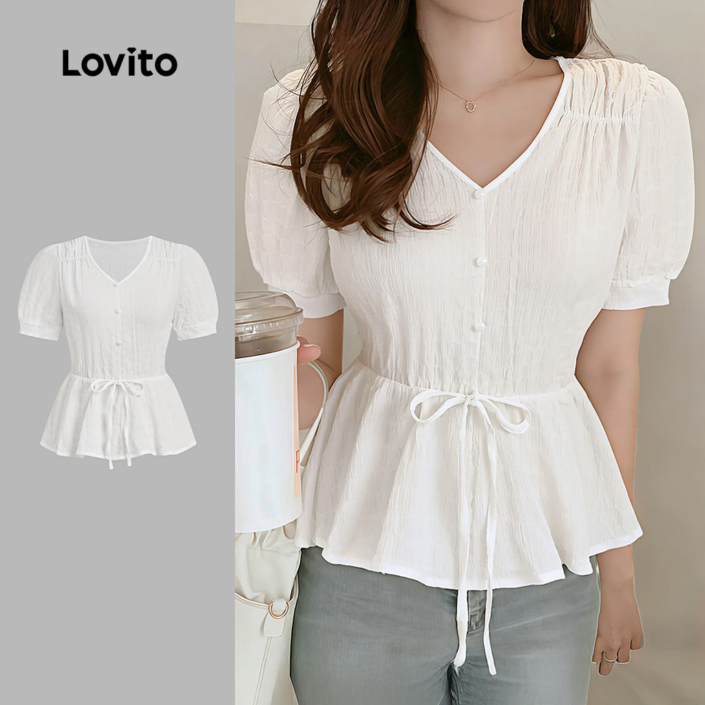 (New Arrival) Lovito เสื้อเชิ้ตลําลองผู้หญิงแบบผูกเชือก กระดุมหน้า สําหรับฤดูใบไม้ผลิ/ฤดูร้อน สีขาว LK4ED507