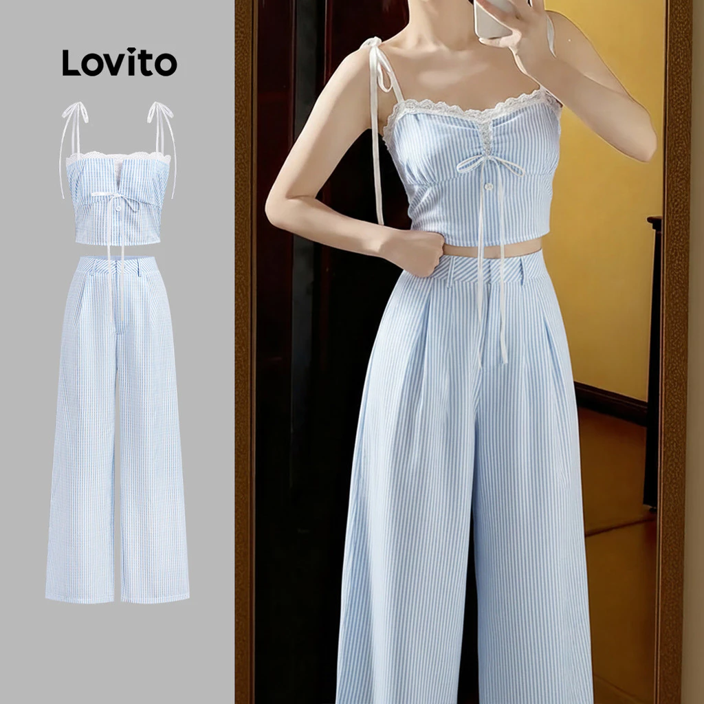 Lovito เสื้อหรือกางเกงแคชชวล คอ ฮัลเตอร์ ผูกเชือกด้านหน้า สีฟ้า สำหรับผู้หญิง เหมาะสำหรับฤดูใบไม้ผลิ/ฤดูร้อน เกาหลี อินเทรนด์ L173AD083