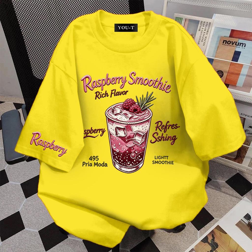 TeeTwoOne🍦เสื้อผ้าผู้หญิงแฟชั่นน่ารัก  ผ้าฝ้าย 100% “Raspberry Smoothie” ทรง Oversize คอกลม แขนสั้น  ใส่ได้ทุกวัน【COD】