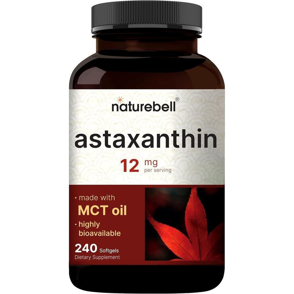 NatureBell Maximum Dose Astaxanthin 12mg, 240 Softgels-4 เดือนซัพพลาย, กําเนิดจาก Rain Red Chlorella