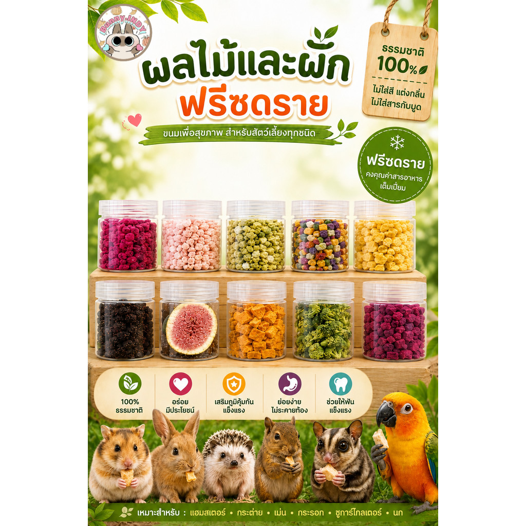 Bunny.indy ฟรีซดรายสัตว์เล็ก 130 ml สตอเบอรี่ พีช กีวี่ มะม่วง ผักรวม ขนมแฮมสเตอร์ ชูการ์