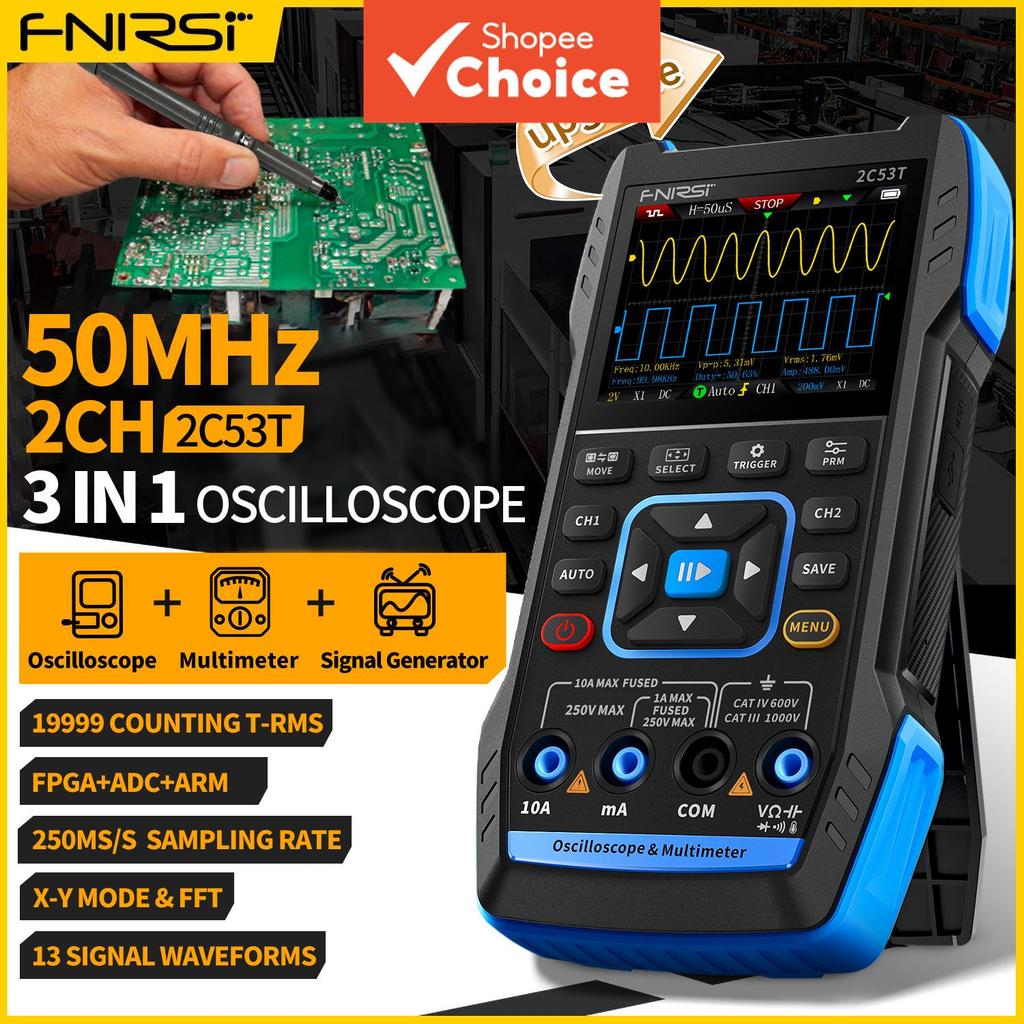 หนึ่งชุด FNIRSI 2C53T 3-in-1 Handheld Oscilloscope, 50MHz 2 Channel True RMS มัลติมิเตอร์และเครื่องก