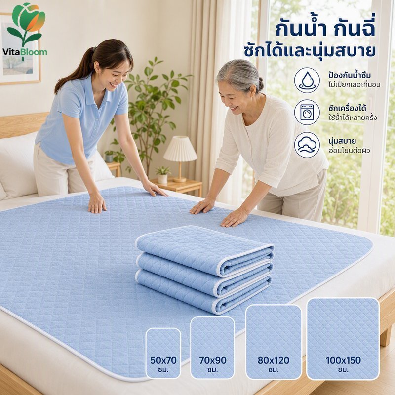 แผ่นรองฉี่ กันน้ำ ซักได้ ผ้ารองฉี่ผู้ใหญ่ 3 ชั้น ซึมซับเร็ว นุ่ม ระบายอากาศ ใช้ซ้ำ ปูที่นอน