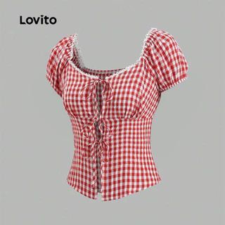 Lovito เสื้อเบลาส์ลําลองลูกไม้สีแดงขาวสําหรับฤดูใบไม้ผลิ/ฤดูร้อนของผู้หญิง L189ED900