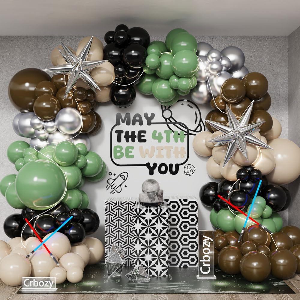 Galaxy Wars Party ตกแต่ง 149 ชิ้น Sage สีเขียวสีน้ําตาลบอลลูน Garland Arch ชุดทรายสีขาวสีดําเงินบอลล