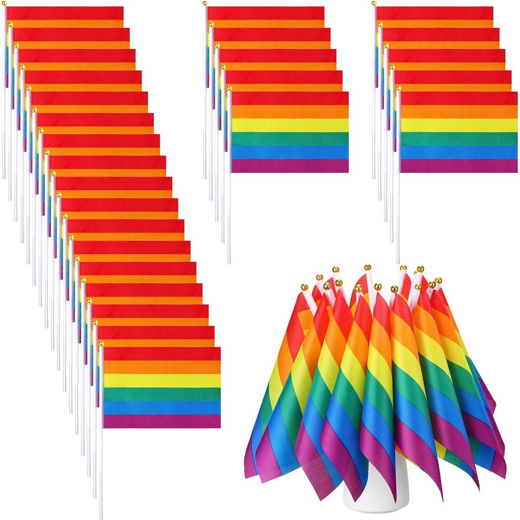 Tudomro 100 Pack Rainbow Pride Flag Small Mini Progress Flags Handheld American Rainbow Stick Lgbtq 