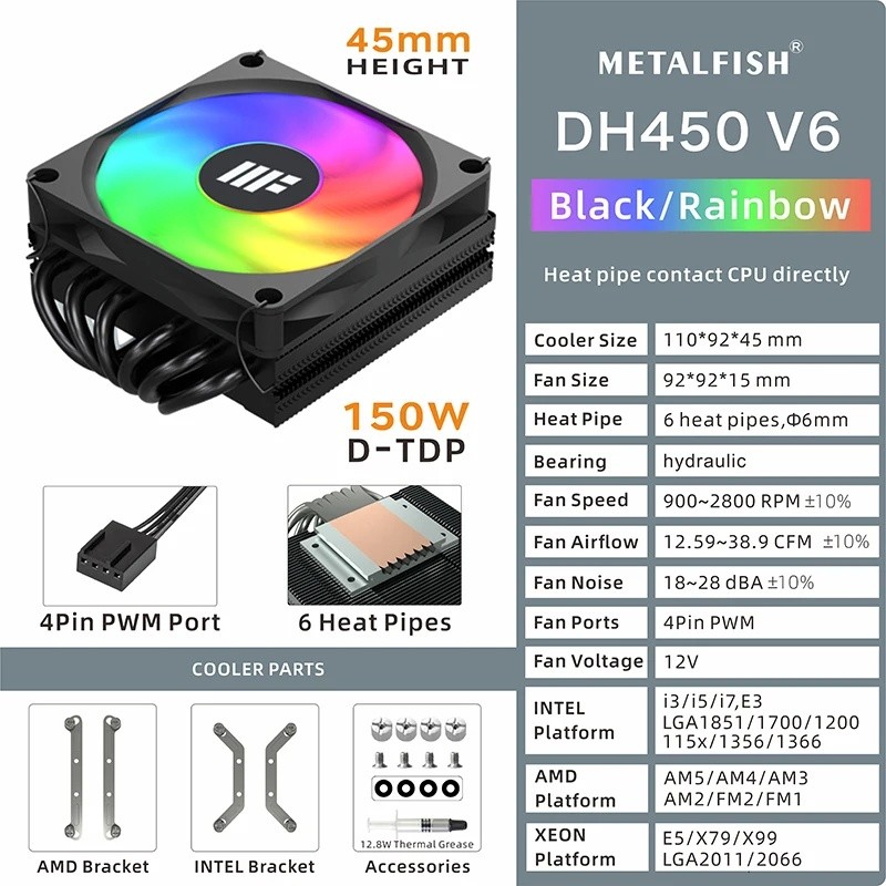 METALFISH DH450 Low Profile CPU Cooler 45 มม.ความสูง 6 Heatpipes ITX หม้อน้ํา CPU 9 ซม.PWM พัดลมสําห