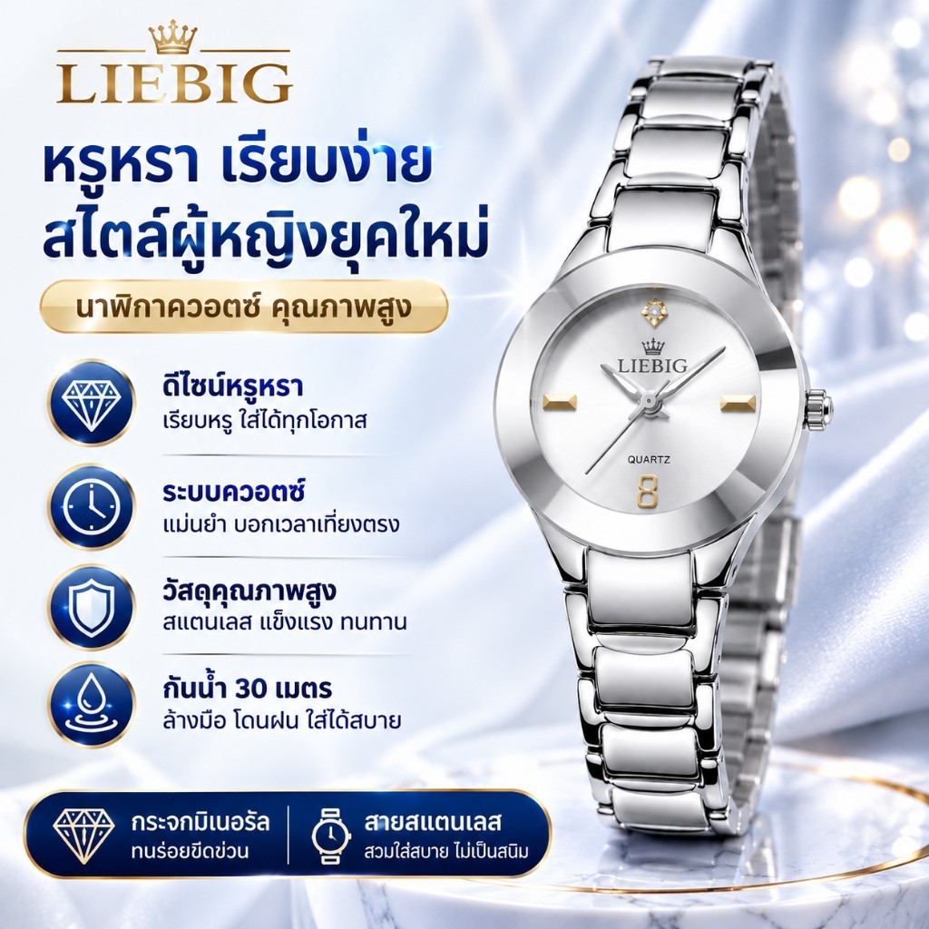 นาฬิกาข้อมือผู้หญิง LIEBIG สายเหล็กเงินเงางาม หน้าปัดกลมประดับคริสตัลเพชร มีหน้าต่างวันที่ กันน้ำ ควอตซ์เรียบหรูใส่ทำงาน