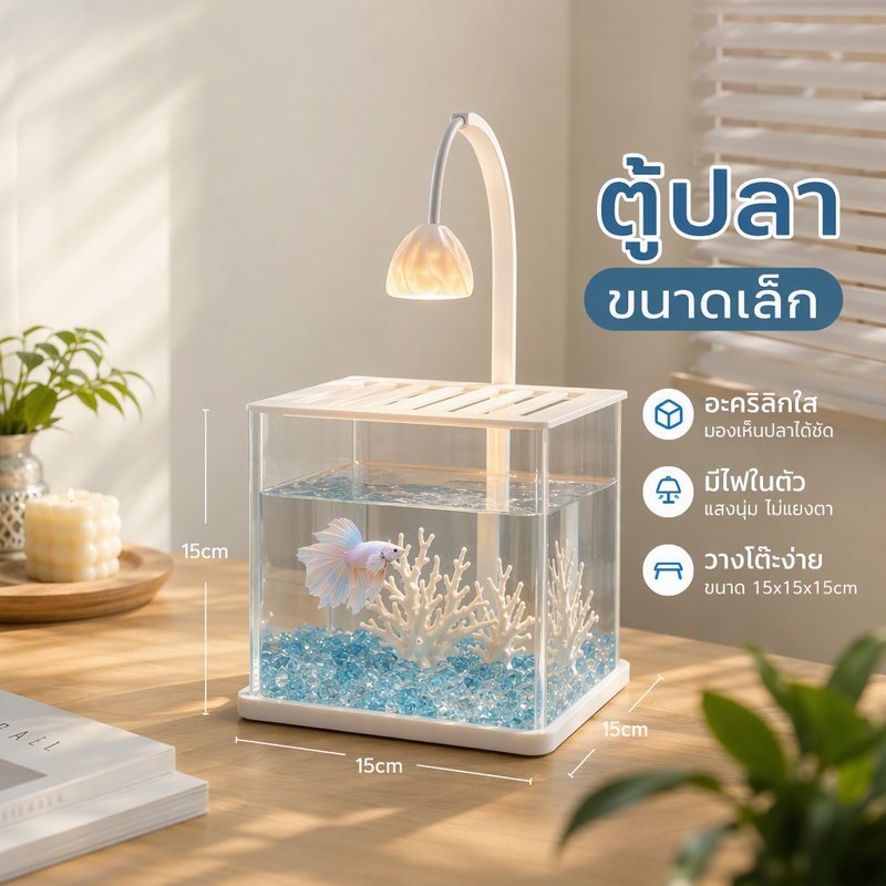 ตู้ปลากัด อะคริลิคใส ตั้งโต๊ะ ขนาดเล็ก พร้อมไฟในตัว ตู้ปลาโชว์ ปลาสวยงาม ห้องนั่งเล่น สำนักงาน