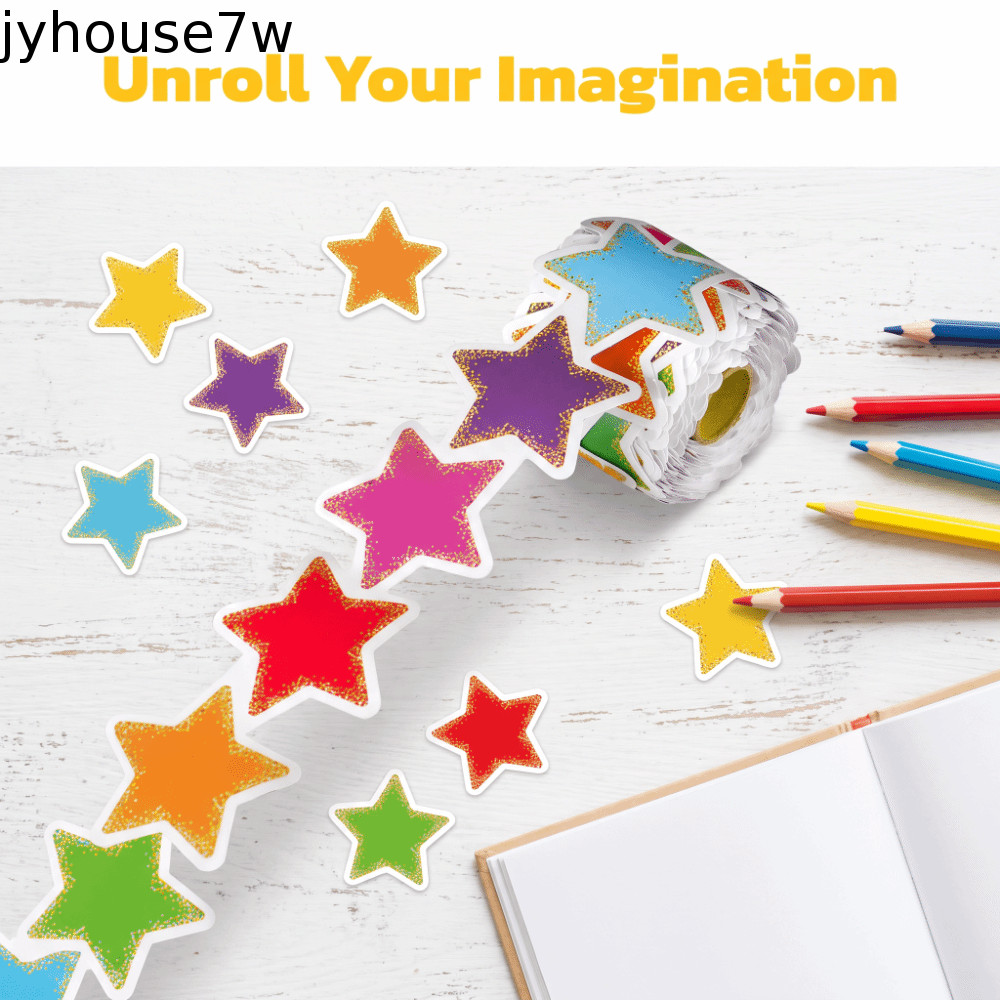 JYHOUSE สติกเกอร์ดาวม้วน,กระดาษสีสันสดใสGlitter Star Self-Adhesiveสติกเกอร์,DIY Five-pointed Star Glitter Rollรูปแบบห้องเรียนโน้ตบุ๊คตกแต่งผนังสํานักงาน