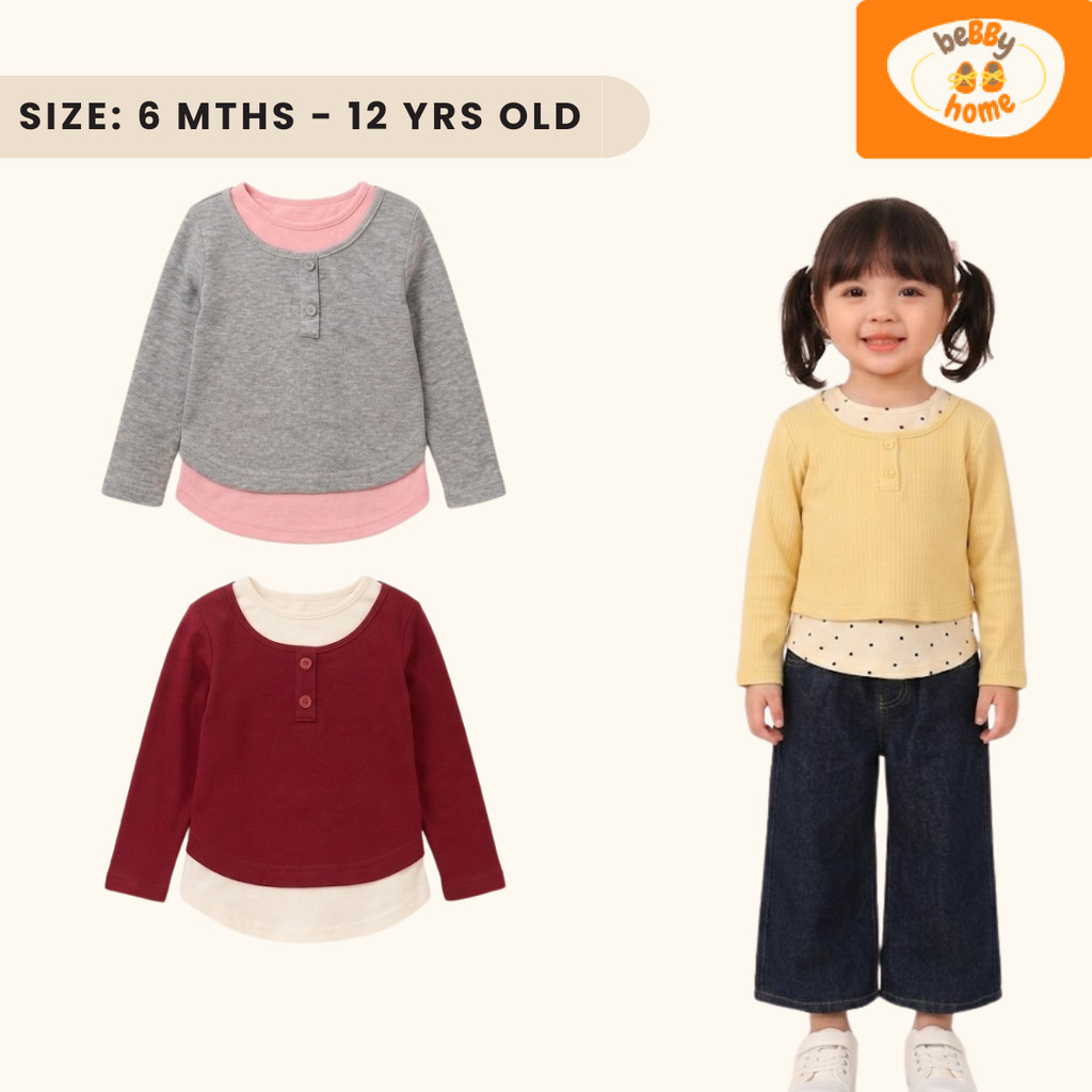 เสื้อผู้หญิง Budak Perempuan 6ms-12yrs ผ้าฝ้ายแขนยาว 2 in 1 เด็กสาวรอบคอ Harian