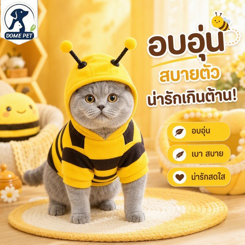 เสื้อกันหนาวสัตว์เลี้ยง เสื้อแมว เสื้อสุนัข ฮู้ดลายผึ้ง ผ้าขนนุ่ม อบอุ่น ใส่สบาย ไซส์ S M L XL