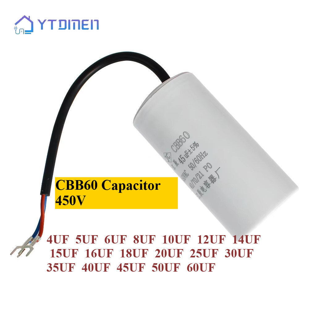 CBB60 ตัวเก็บประจุ 450V มอเตอร์ Run Capacitors เริ่มต้นตัวเก็บประจุ 5% สําหรับปั๊มลมเครื่อง 4UF 5UF 