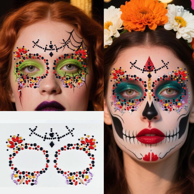 DELIG> ดอกไม้ที่มีสีสัน Skull Rhinestone Face Jewel Stiers Self กาวสําหรับ EDM เทศกาลคอสเพลย์แต่งหน้