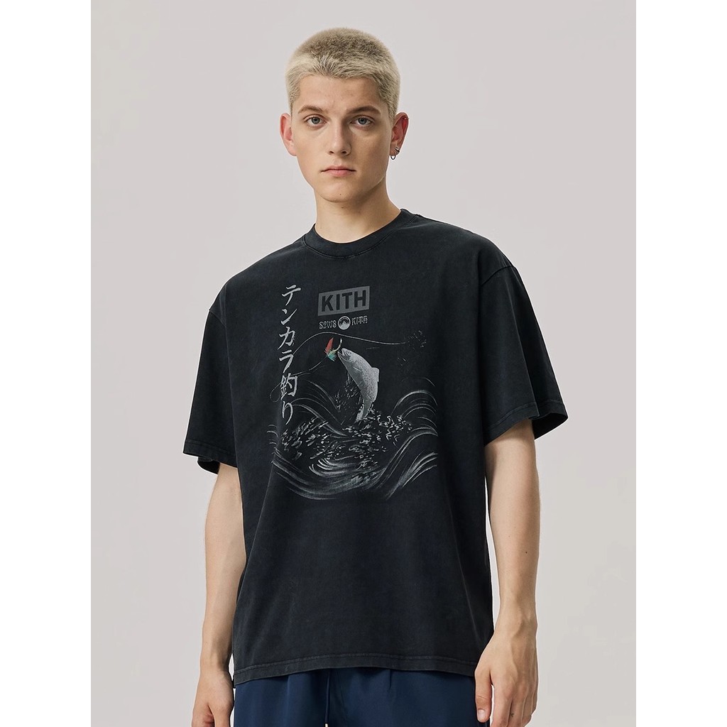 KITH Three-Party Joint Brand Wash Water Distressed Short Sleeve T-Shirt Summer Half-Sleeved American