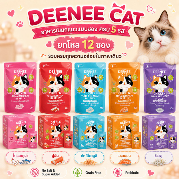 [ 12 ซอง ] อาหารเปียกแมวแบบซองขนาด 70g Deenee cat ไม่เติมเกลือ สูตรเกรนฟรี อร่อยเด้งในเยลลี่ สำหรับลูกแมว 2 เดือนขึ้นไป