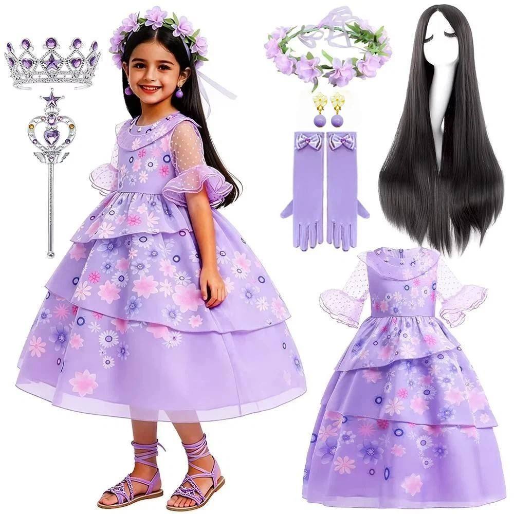 Encanto Halloween Girls Isabela Costume เด็กสง่างามสีม่วงดอกไม้ชั้นยาวชุดดอกไม้ Pri