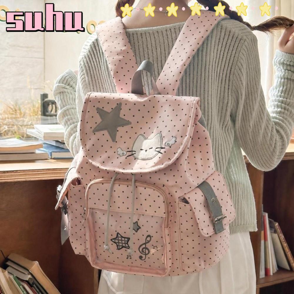 SUHUHD Drawstring Backpack, Polka Dot Large Capacity Ita Backpack, Casual Nylon Sweet Cat Students ก