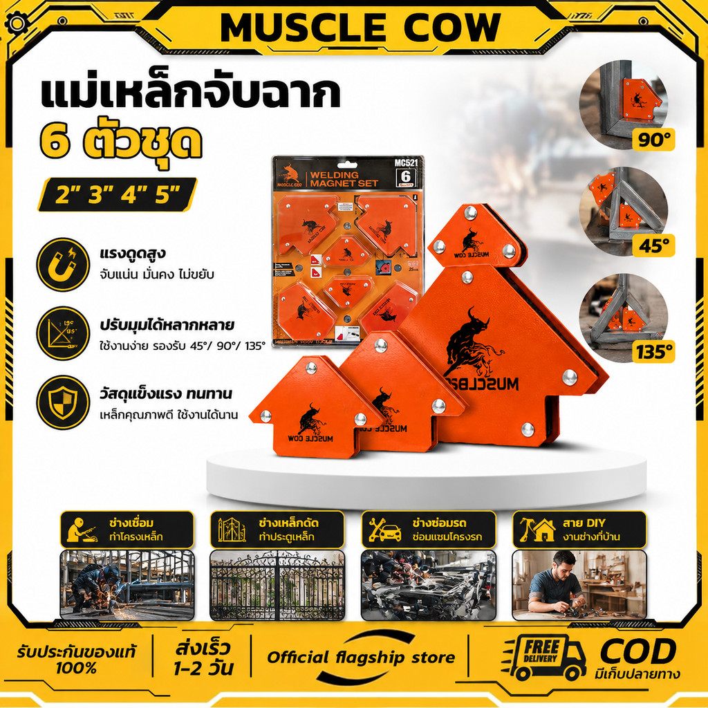 MUSCLE COW แม่เหล็กจับฉาก 6 ตัวชุด จิ๊กซอว์แม่เหล็ก เหล็กจับฉาก ตัวเข้ามุมฉาก ฉากแม่เหล็ก เข้ามุม เชื่อมโลหะ