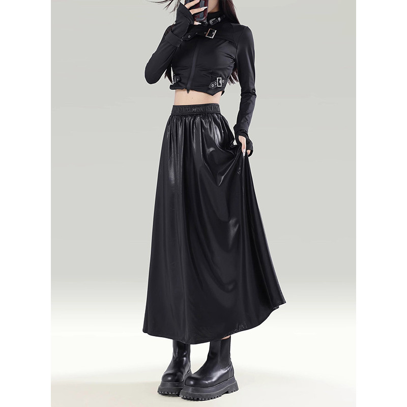 [ks1488.th] Melade High-End สวมใส่กระโปรงหนัง pu หญิงแฟชั่น Retro เอวสูง Slimmer ดูเนื้อกระโปรงแกว่ง