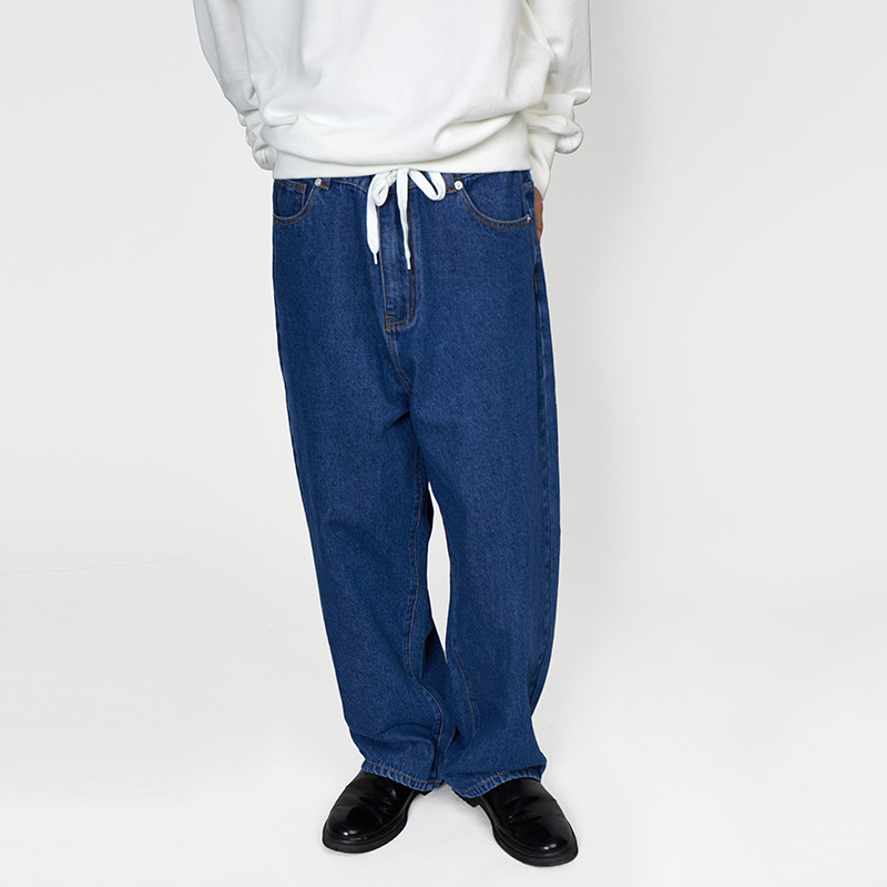 Ok center Jeans White Drawstring Loose Straight Thick Blue Jeans Easy to Wear Series