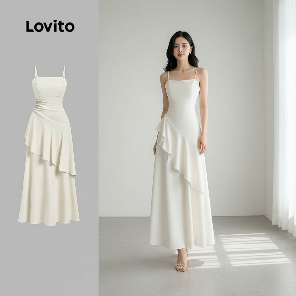 Lovito สง่างาม ชุดเดรสผู้หญิงหรูหราชุดแต่งระบาย ซิปซ่อน สายคล้องคอปรับได้ ฤดูใบไม้ผลิ ฤดูร้อน สีแอปริคอท L171ED208