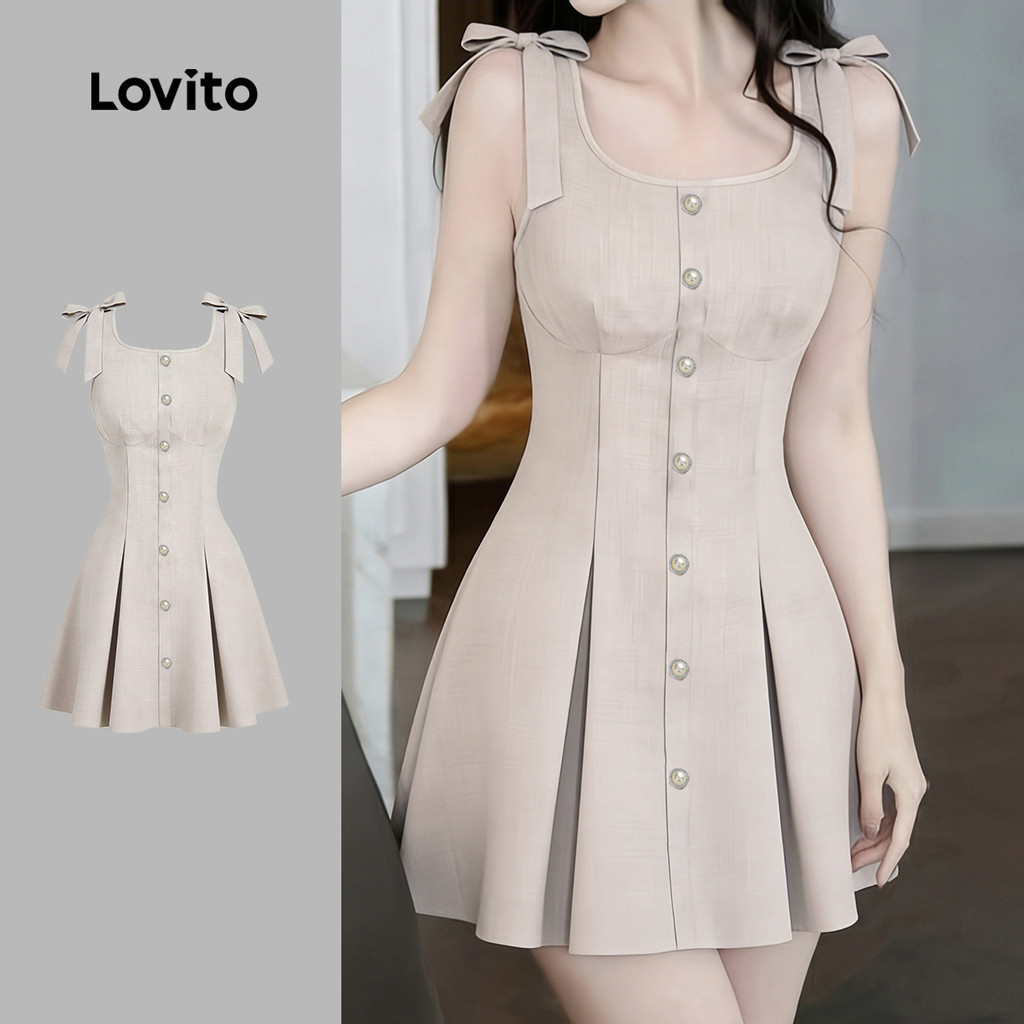 Lovito เดรสลําลองผู้หญิงซิปผูกเชือกจีบฤดูใบไม้ผลิฤดูร้อนสีกากี L178LD2036