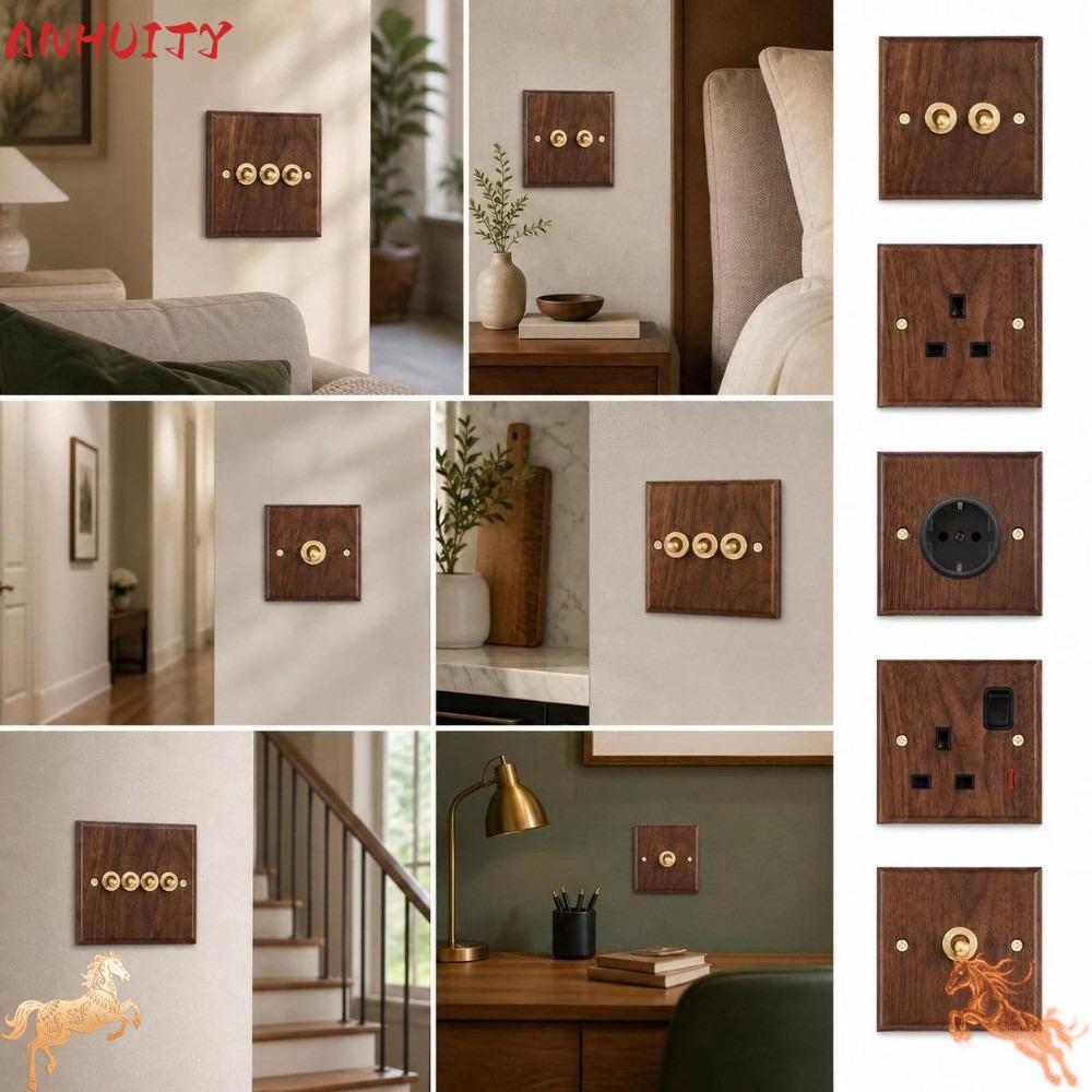 ANHUITYJ Toggle Switch Socket Panel, Brass Lever Toggle Switch Wall Light Switch Panel, Vintage Wood