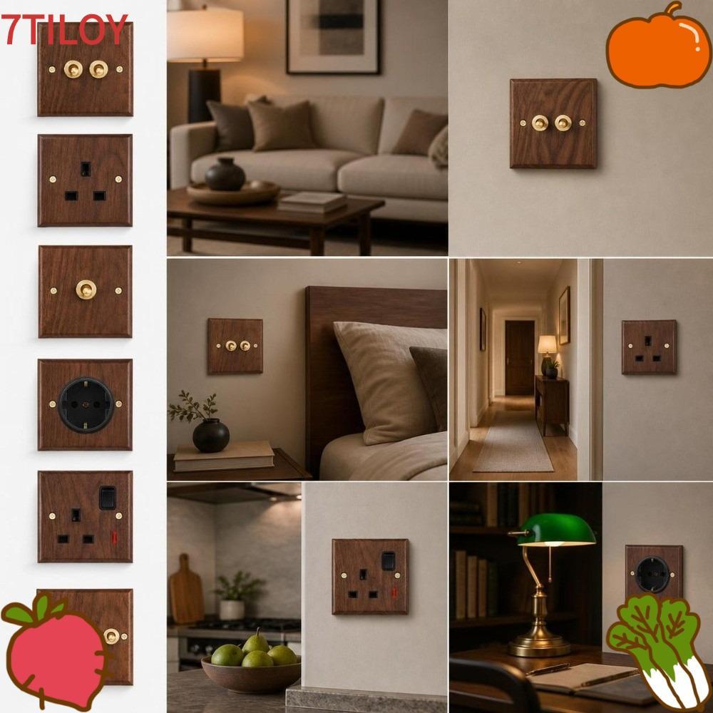 7TILOYSHOP Toggle Switch Socket Panel, Wood Toggle Switch Wall Light Switch Panel, Retro Brass Lever