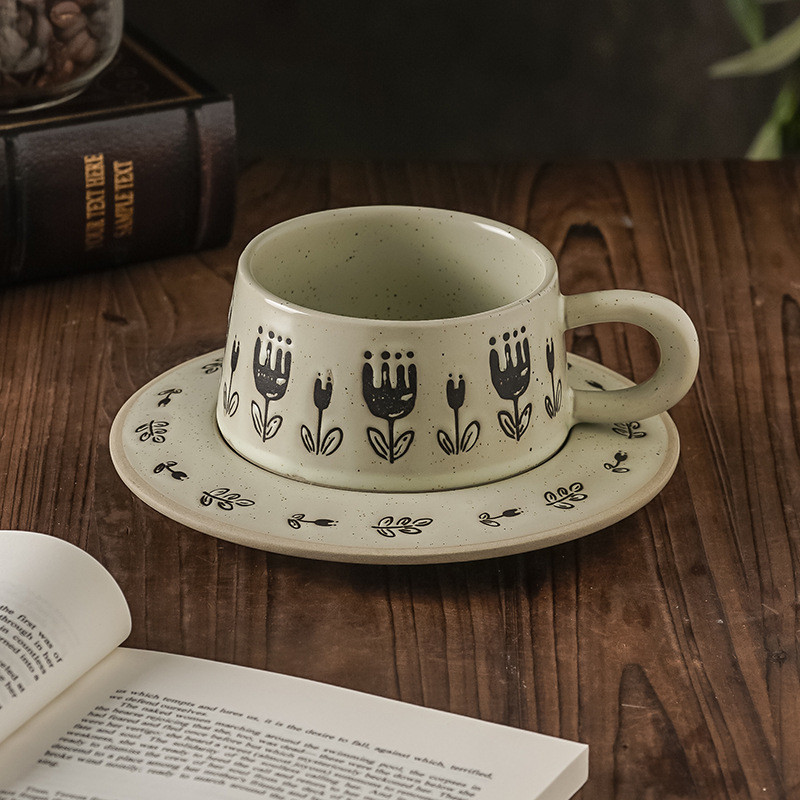 Retro Stoneware Coffee Cup Saucer High-End Coffee Cup Creative Garland Coffee Cup Office Afternoon T