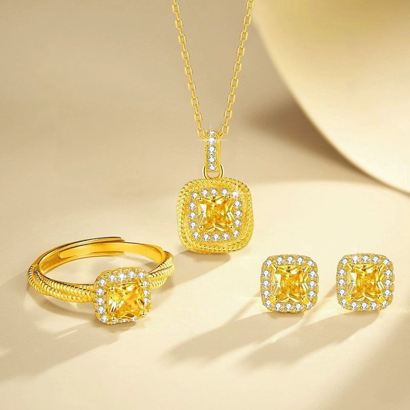 【mlq08.th】 Girlfriend Mother's Day Gift  首饰 沙金 沙金开口戒指爆款小方糖三件套耳钉镶钻吊坠新款锁骨项链情人礼物    【0901mymnU49xr】