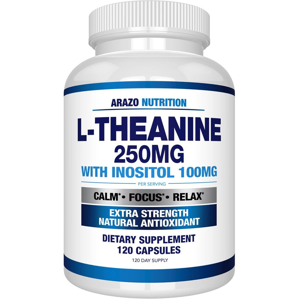 Arazo Nutrition L-Theanine 250mg (ความแรงพิเศษ) พร้อม Inositol 100mg ต่อเสิร์ฟ, 120 แคปซูลมังสวิรัติ