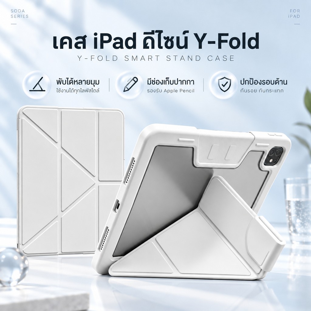 เคสไอแพด แกนY+3 หลังใส For Air4/5/Air6/7/8 Air11/Air13 Pro11-12.9 Gen10/Gen11 กันกระแทก พับตั้งได้หลายมุมช่องใส่ปากกา
