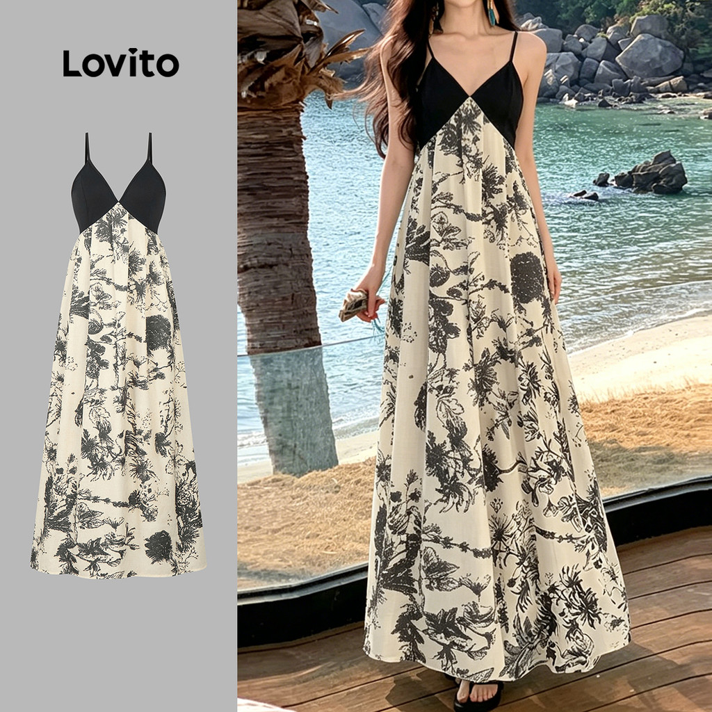 (New Arrival) Lovito โบโฮ เดรส ลายสีบล็อก สวยงาม เดรสสําหรับสุภาพสตรีในฤดูใบไม้ผลิ/ฤดูร้อน L198ED421