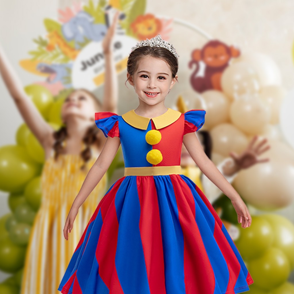 Circus Pomni Girls Costume Dress Kids Halloween Party Pomni Jester Costume Dress for Vacations Holid