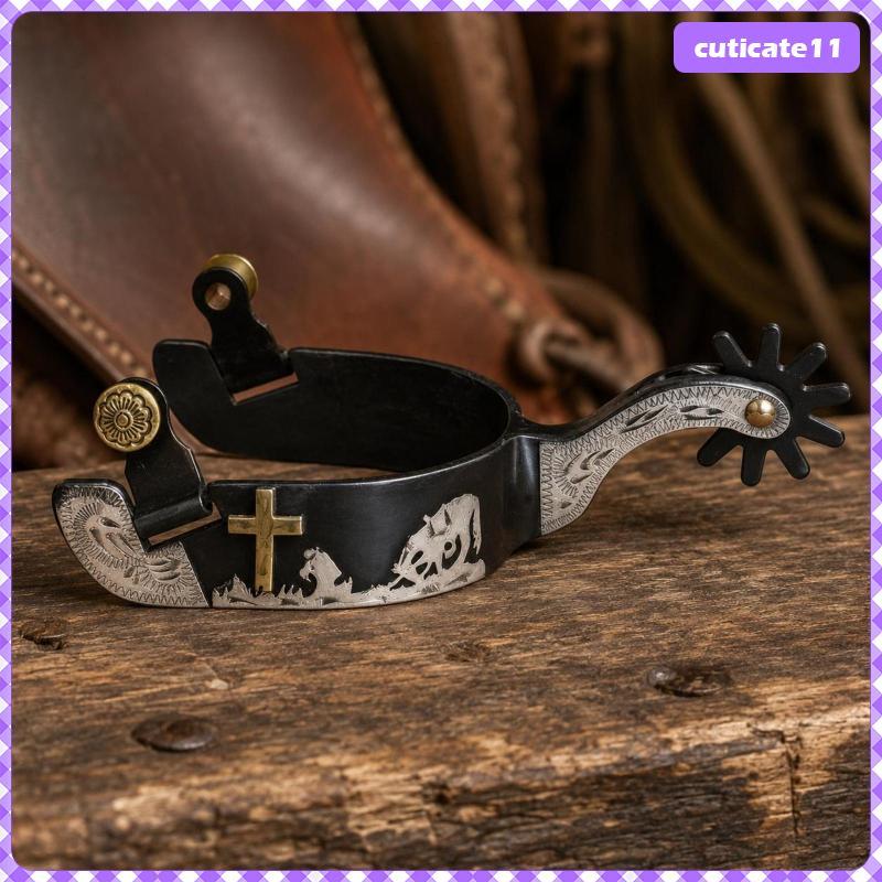 [Cuticate1] แผ่นเงินเยอรมัน Black Iron Spurs 2 1/4 นิ้ว Shank Western Cowboy Spurs การออกแบบของผู้ชา