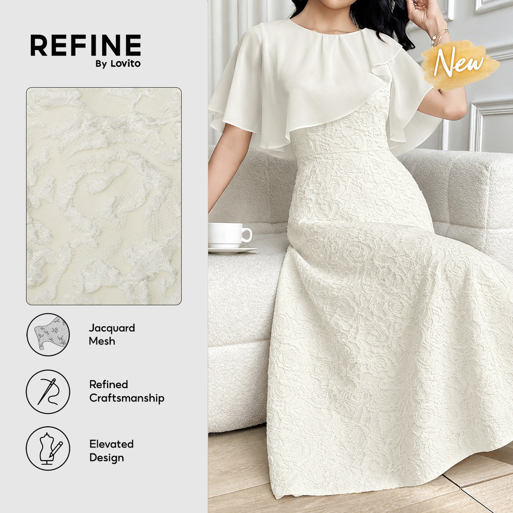 (New Arrival) (Refine by Lovito) เดรสผู้หญิงสีแอปริคอตแบบเป็นทางการ ลายดอกไม้ ผ้าแจ็กการ์ดเย็บต่อ ดี
