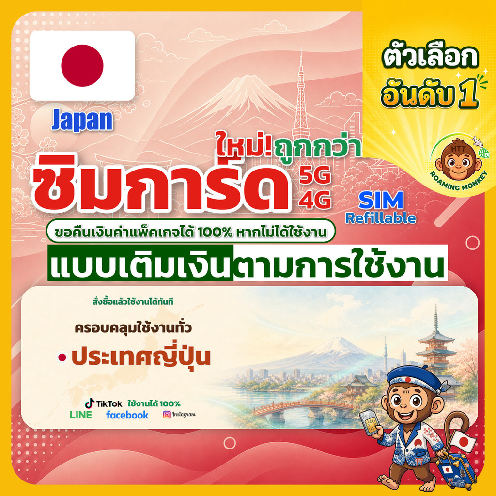 SIM Japan 4G/5G เติมเงินตามการใช้งาน ซิมเดินทาง ท่องเที่ยว ญี่ปุ่น เครือข่าย SoftBank DOCOMO โดย Roa