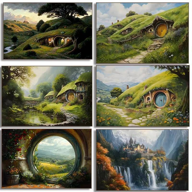 Hobbit House Fantasy Landscape โปสเตอร์สไตล์ชนบทผ้าใบ Wall Art ภาพวาดไม่มีกรอบห้องนอนห้องนั่งเล่นตกแ